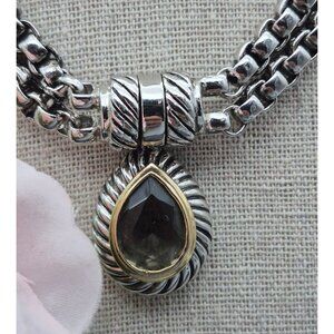 Choker Collar Pendant Necklace Silver Tone Double Box Chain Smokey Teardrop 16"